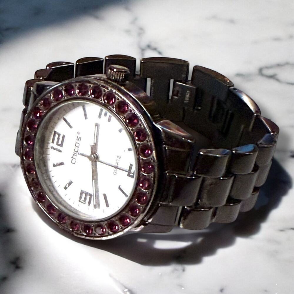 Chicos Watch Womens Black Gray Gunmetal Polished Red Jeweled Bezel Quartz WORKS